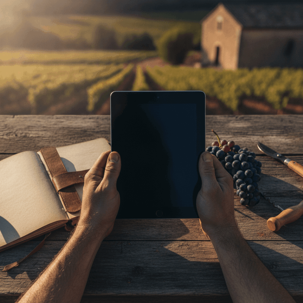 Mains d'un artisan tenant une tablette numérique devant un domaine viticole de la Drôme provençale