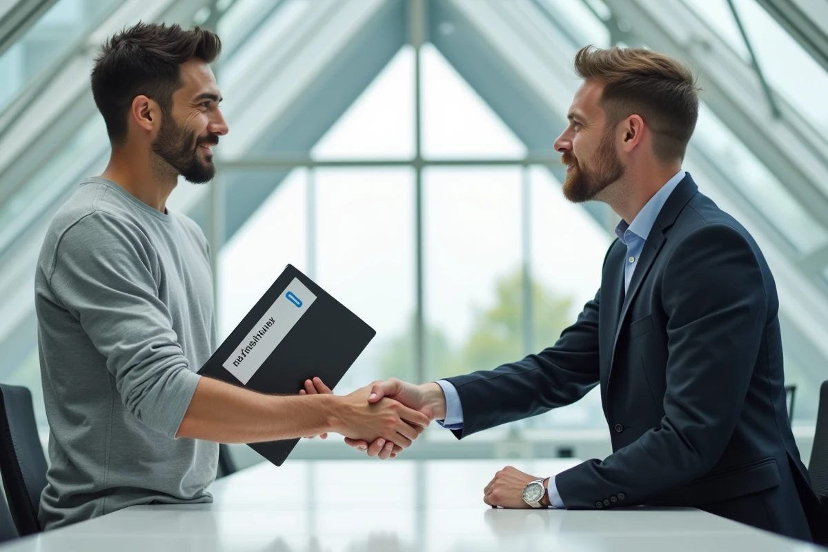 Poignée de main entre un startupper et un investisseur dans les locaux de Station F à Paris, symbolisant une levée de fonds réussie