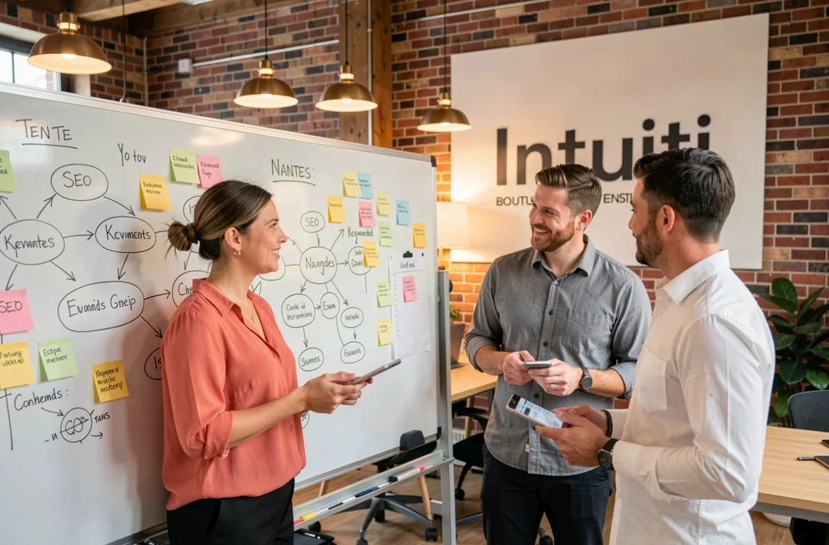 Équipe de l'agence Intuiti collaborant sur une stratégie SEO devant un tableau blanc dans un bureau de Nantes