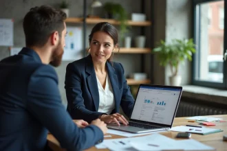 Consultante d'agence web discutant d'une stratégie de projet à long terme avec un client autour d'une table de travail moderne
