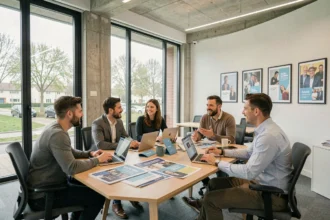Équipe d'une agence de communication en Seine-et-Marne réunie autour d'une table de travail avec des maquettes et des ordinateurs portables