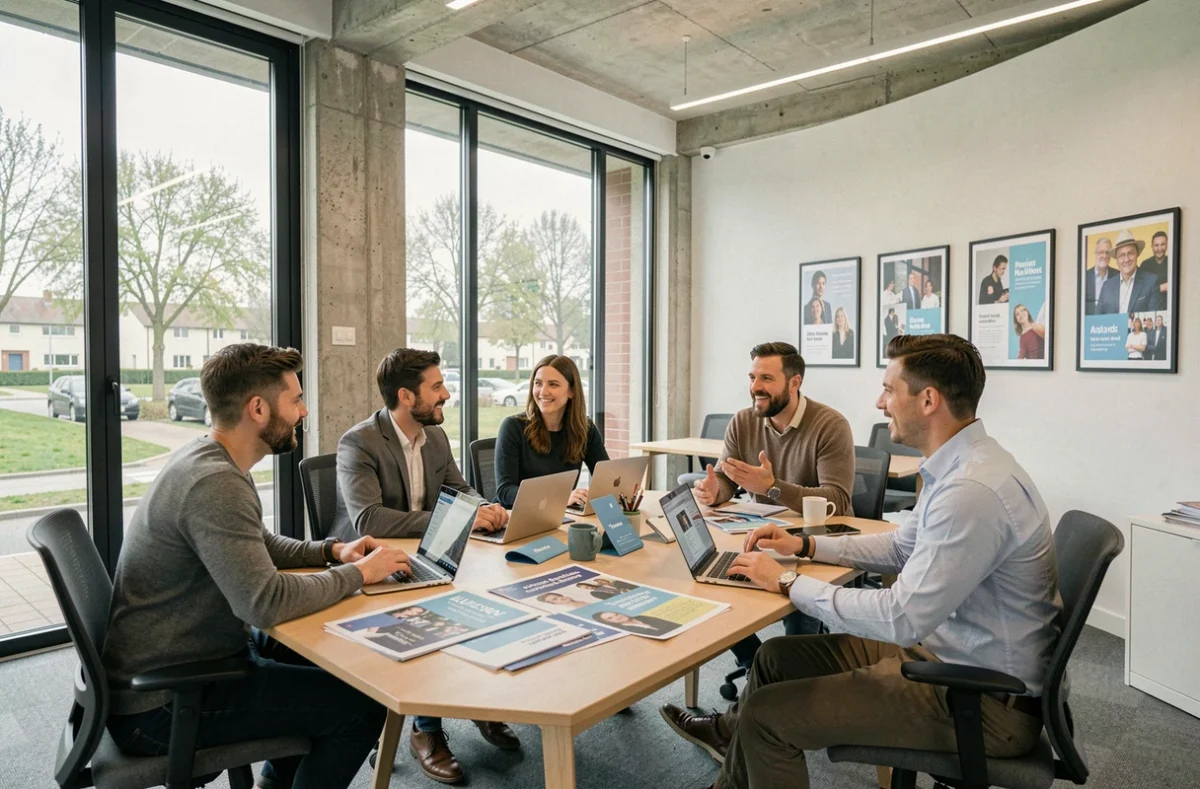 Équipe d'une agence de communication en Seine-et-Marne réunie autour d'une table de travail avec des maquettes et des ordinateurs portables