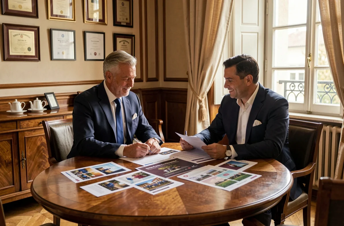 Directeur de clientèle de l'agence Agep présentant des épreuves de campagne publicitaire à un client dans une salle de réunion traditionnelle