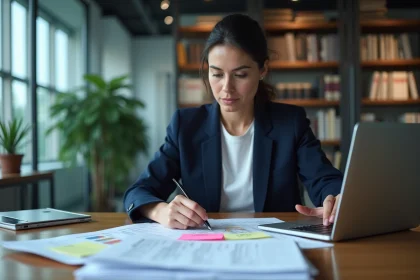 Une femme d'affaires analyse des documents juridiques et des fiches légales d'une entreprise au bureau, illustrant le décryptage des pratiques commerciales opaques