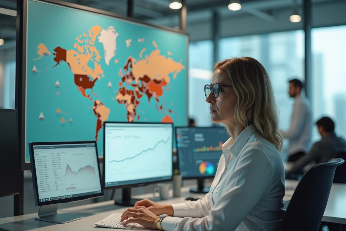 Analyste financière étudiant une carte stratégique des zones EMEA pour identifier des opportunités d'investissement et de croissance
