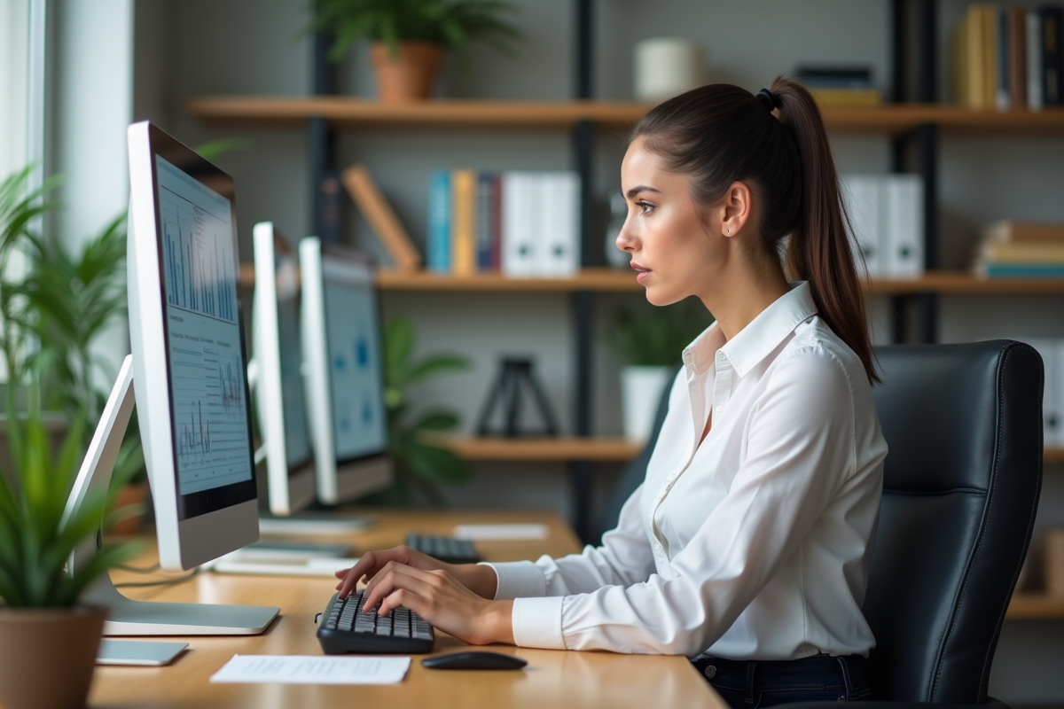 Jeune analyste marketing travaillant sur un tableau de bord