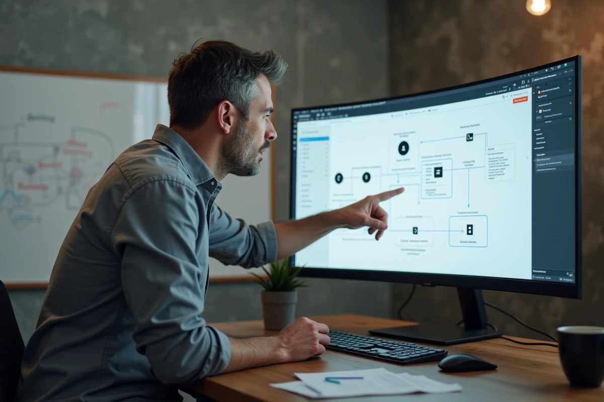 Homme expliquant une architecture de connexion de données sur un écran BI dans un espace de travail moderne