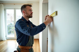 Artisan professionnel mesurant un mur dans un appartement moderne pour des petits travaux de rénovation