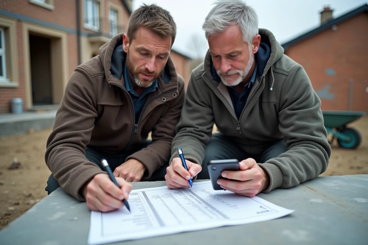 Deux artisans BTP comparant un devis papier et les marges en temps réel sur smartphone sur un chantier de construction