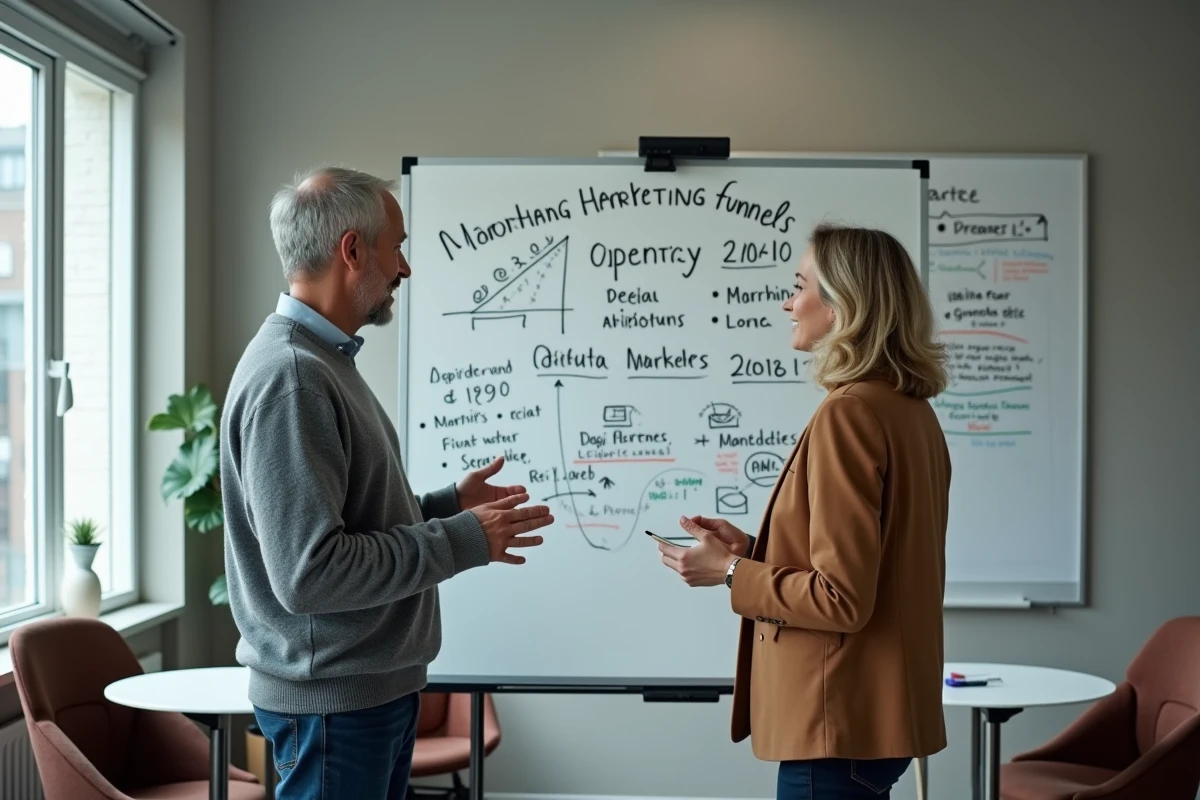 Deux associés de PME évaluant les performances d'une agence digitale devant un tableau blanc rempli de métriques marketing