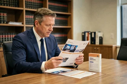 Avocat comparant un visuel publicitaire non contractuel à un produit réel dans un bureau juridique