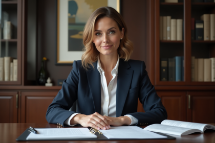 Femme avocate en costume dans un bureau élégant