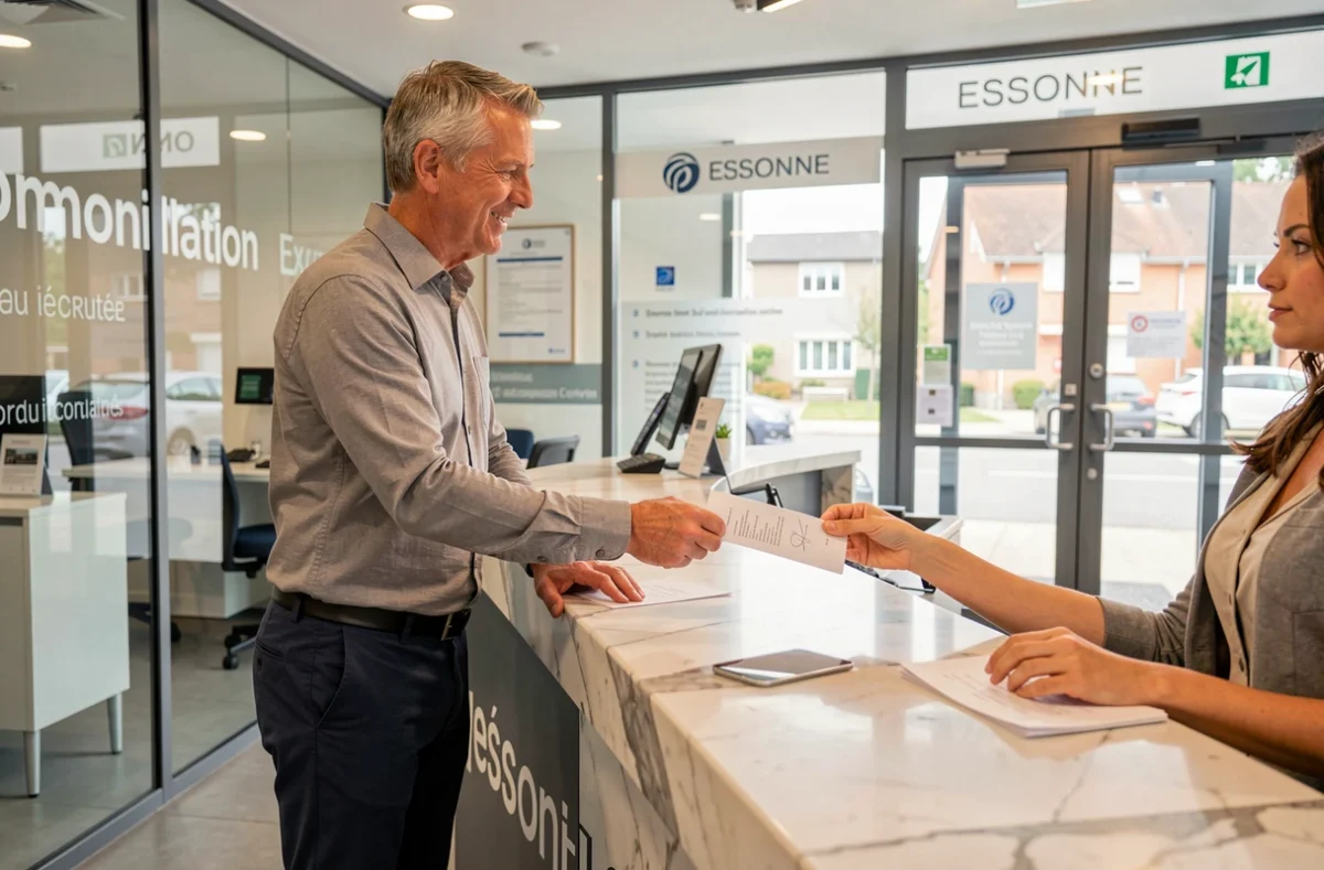 Entrepreneur remettant un contrat de domiciliation à l'accueil d'un centre d'affaires en Essonne
