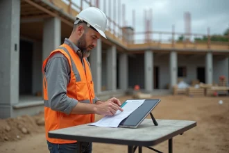 Chef de chantier BTP consultant un logiciel de devis et suivi de marges sur tablette directement sur le chantier
