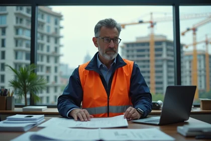 Manager de chantier en intérieur avec plans et site en arrière-plan