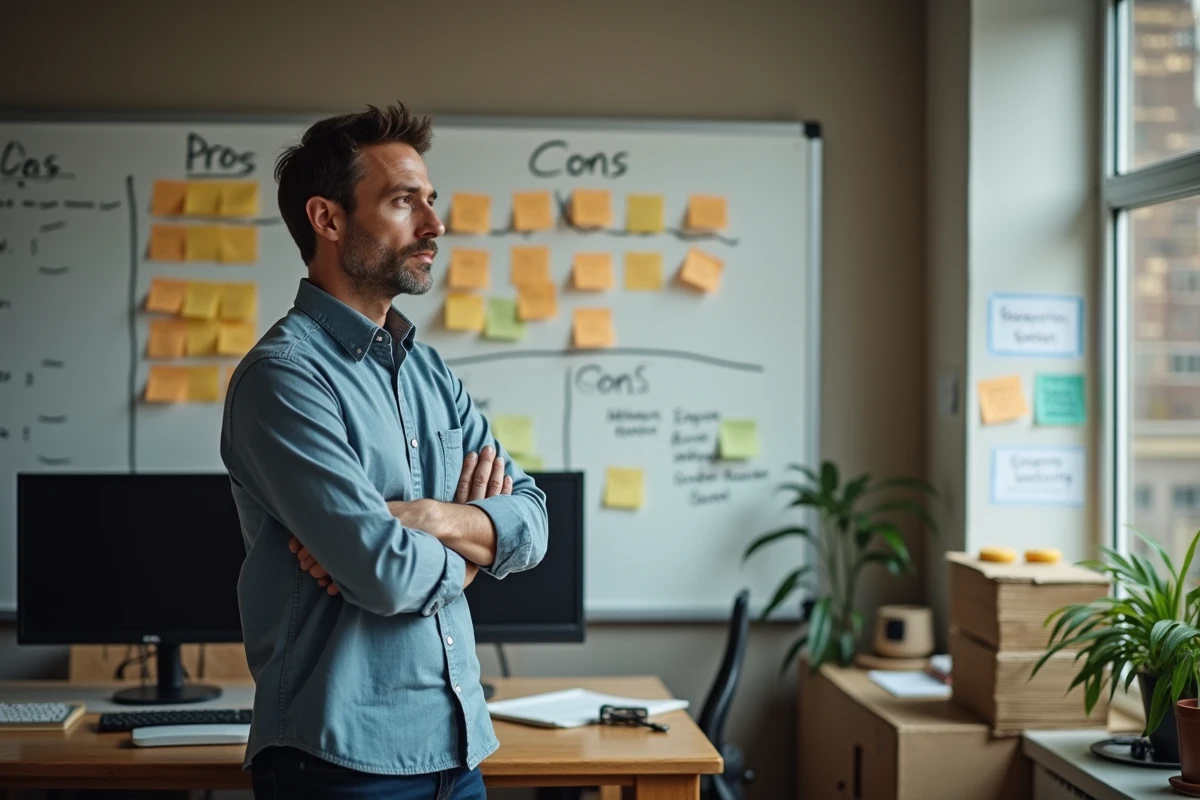 Chef d'entreprise de TPE analysant les avantages et inconvénients d'une plateforme de rapprochement professionnel devant un tableau blanc