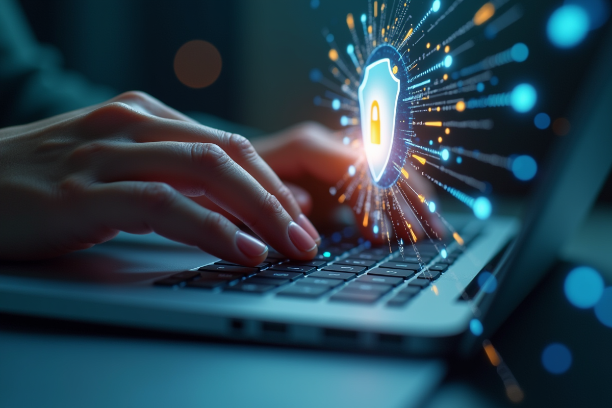 Mains tapant sur un clavier avec un bouclier de protection et code binaire