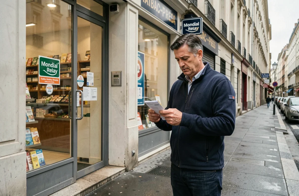 Client vérifiant sa notification de livraison devant un point relais Mondial Relay dans le 8e arrondissement de Lyon