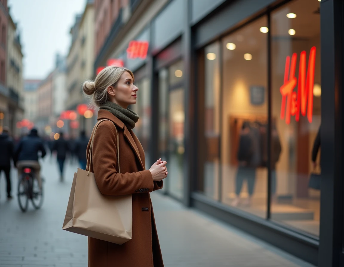 Femme tenant des sacs H&M devant une façade de magasin dans une rue commerçante animée