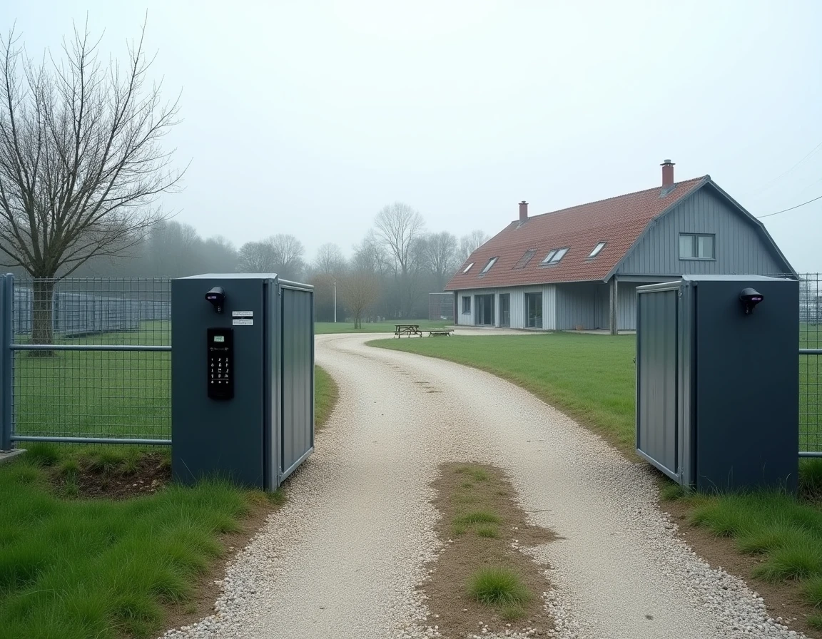 Clôture sécurisée et portail d'accès numérique d'une exploitation agricole protégée en région parisienne, représentant les nouvelles prestations de Ferme Protect en 2026