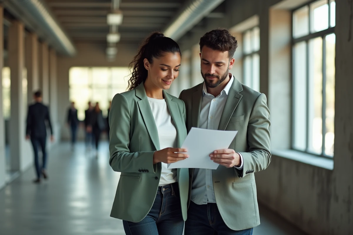 Deux collègues collaborent dans un couloir de bureau moderne, incarnant un leadership fondé sur la confiance mutuelle et la communication ouverte