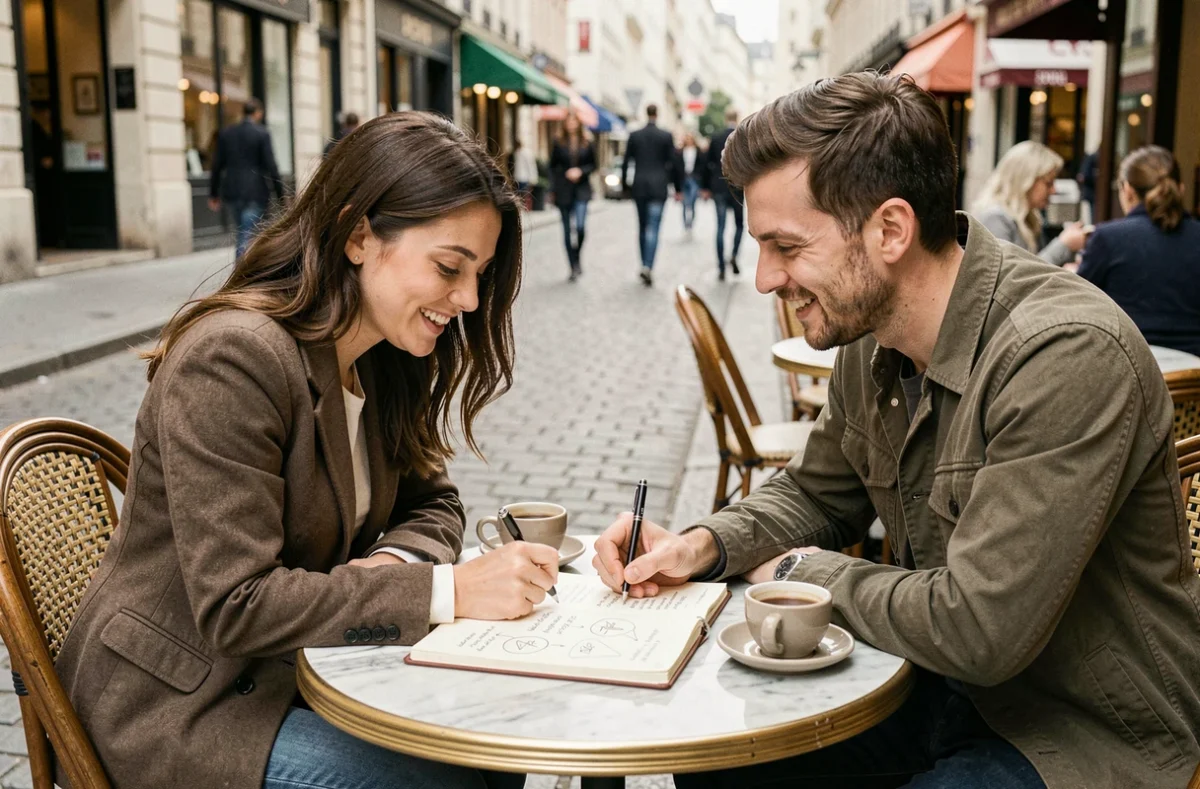 Deux jeunes entrepreneurs collaborant sur une idée de business autour d'un café en terrasse avec un carnet de notes ouvert