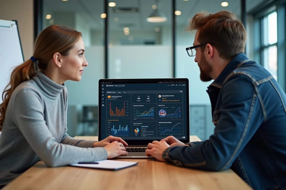 Deux collègues analysant un plan de connexion BI sur un ordinateur portable en salle de réunion