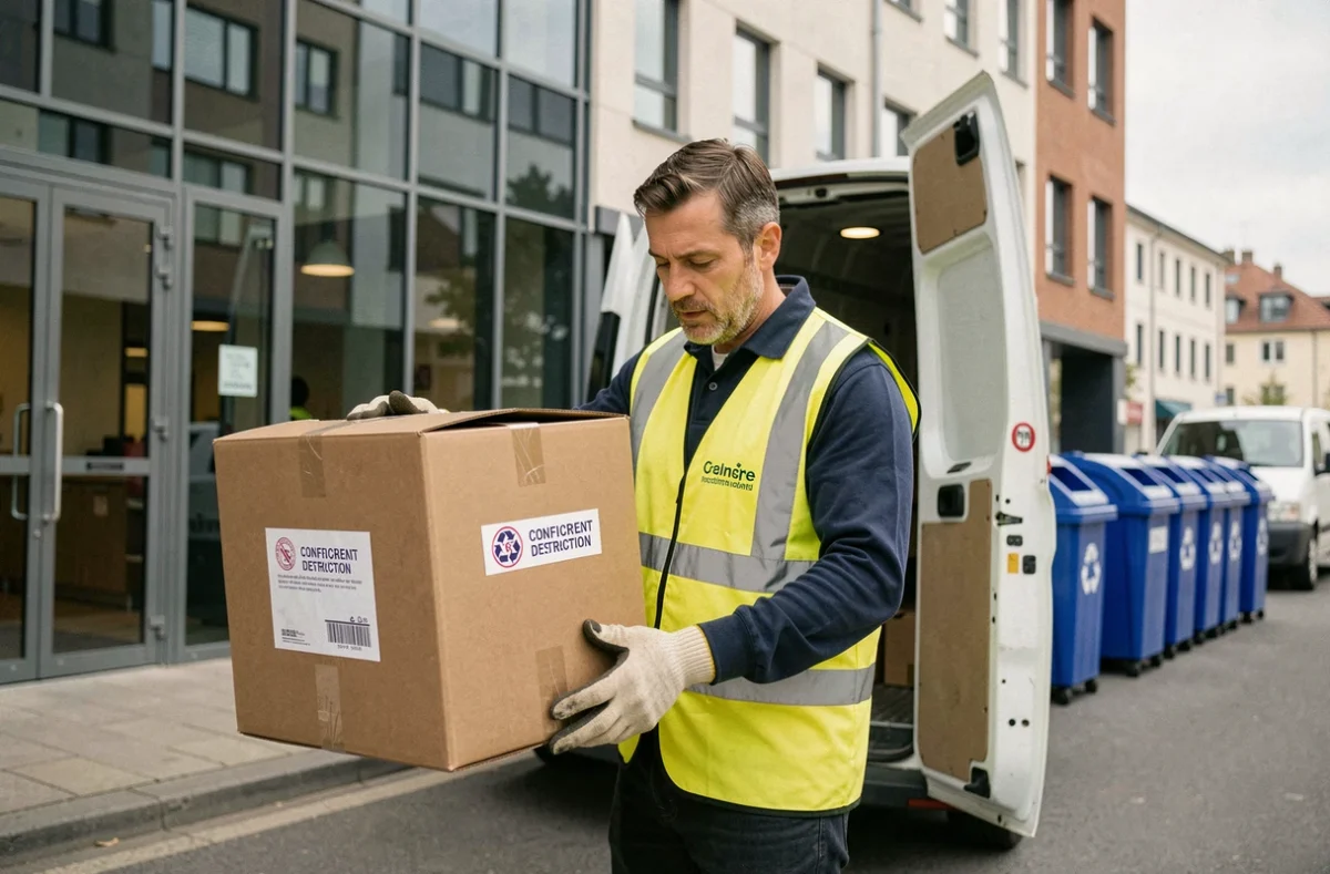 Agent de collecte chargeant des cartons de documents confidentiels pour destruction sécurisée et recyclage papier devant un immeuble de bureaux