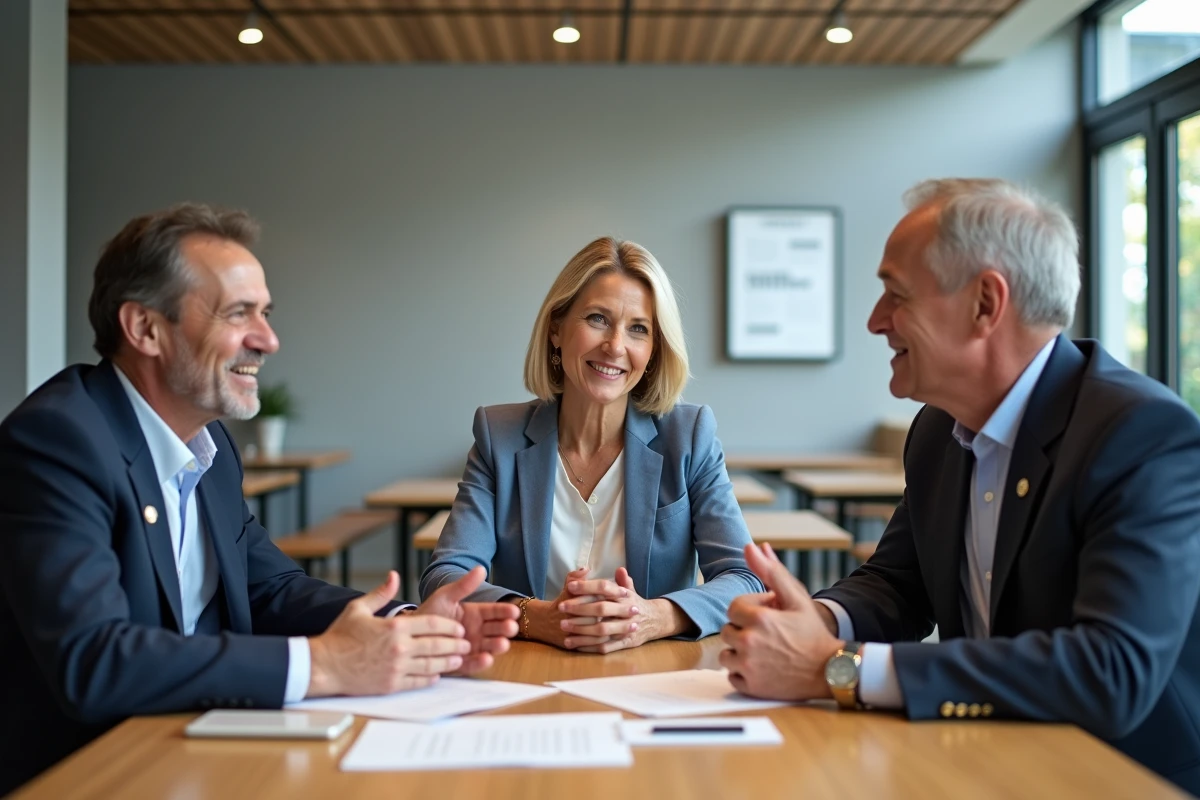 Trois collègues discutent autour d une table de pause