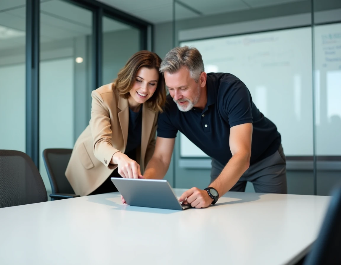 Deux collègues consultant un planning de rendez-vous partagé sur tablette dans une salle de réunion via un extranet professionnel
