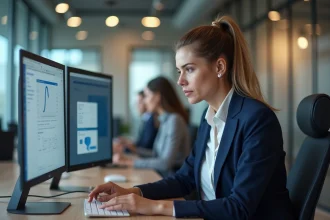 Femme professionnelle comparant deux interfaces de support client sur des écrans d'ordinateur dans un bureau moderne