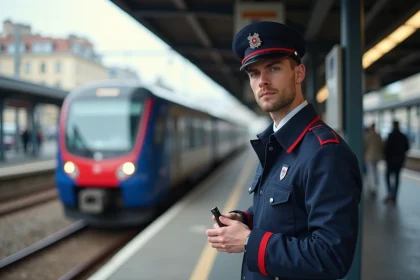 Jeune conducteur SNCF en uniforme sur la plateforme