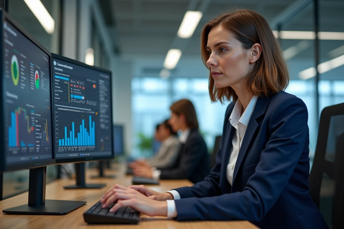 Femme professionnelle connectant des sources de données sur un tableau de bord BI dans un bureau moderne