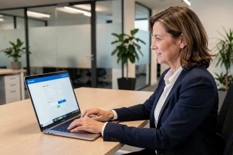 Femme professionnelle connectée à un extranet sécurisé sur ordinateur portable en open-space