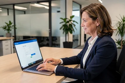 Femme professionnelle connectée à un extranet sécurisé sur ordinateur portable en open-space