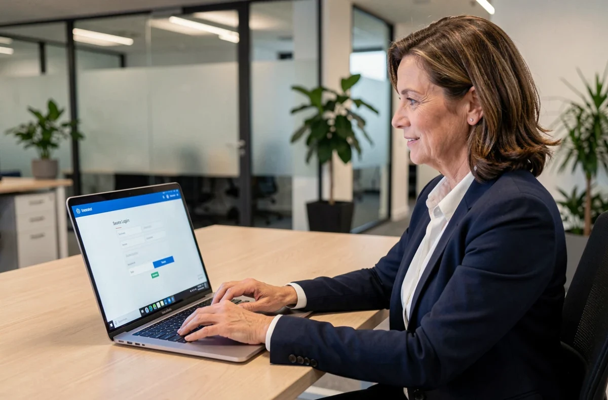 Femme professionnelle connectée à un extranet sécurisé sur ordinateur portable en open-space