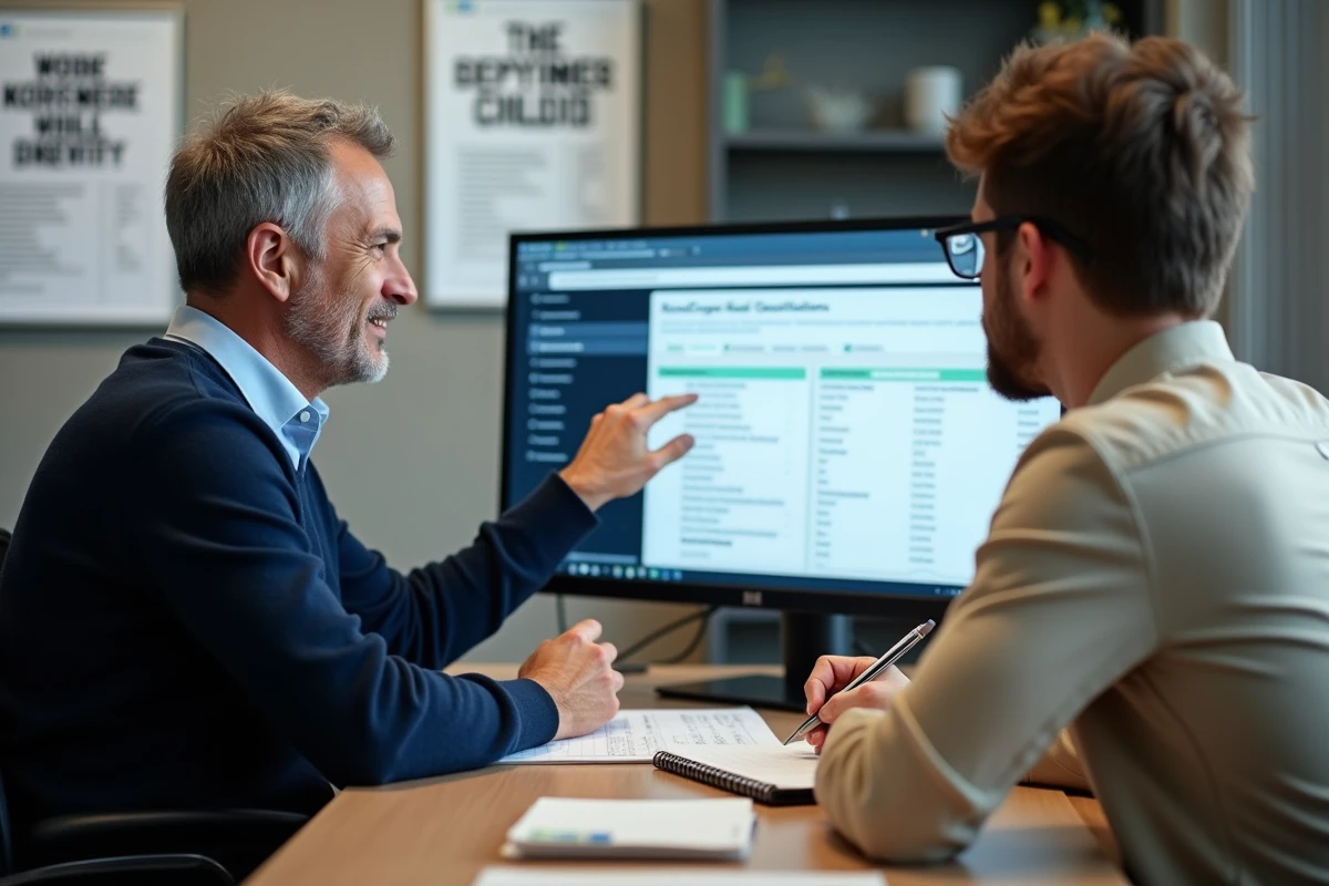 Conseiller emploi accompagnant un jeune candidat dans l'utilisation du répertoire ROME en agence
