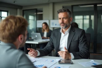 Consultant d'agence marketing présentant une stratégie digitale à des dirigeants de PME autour d'une table de réunion moderne