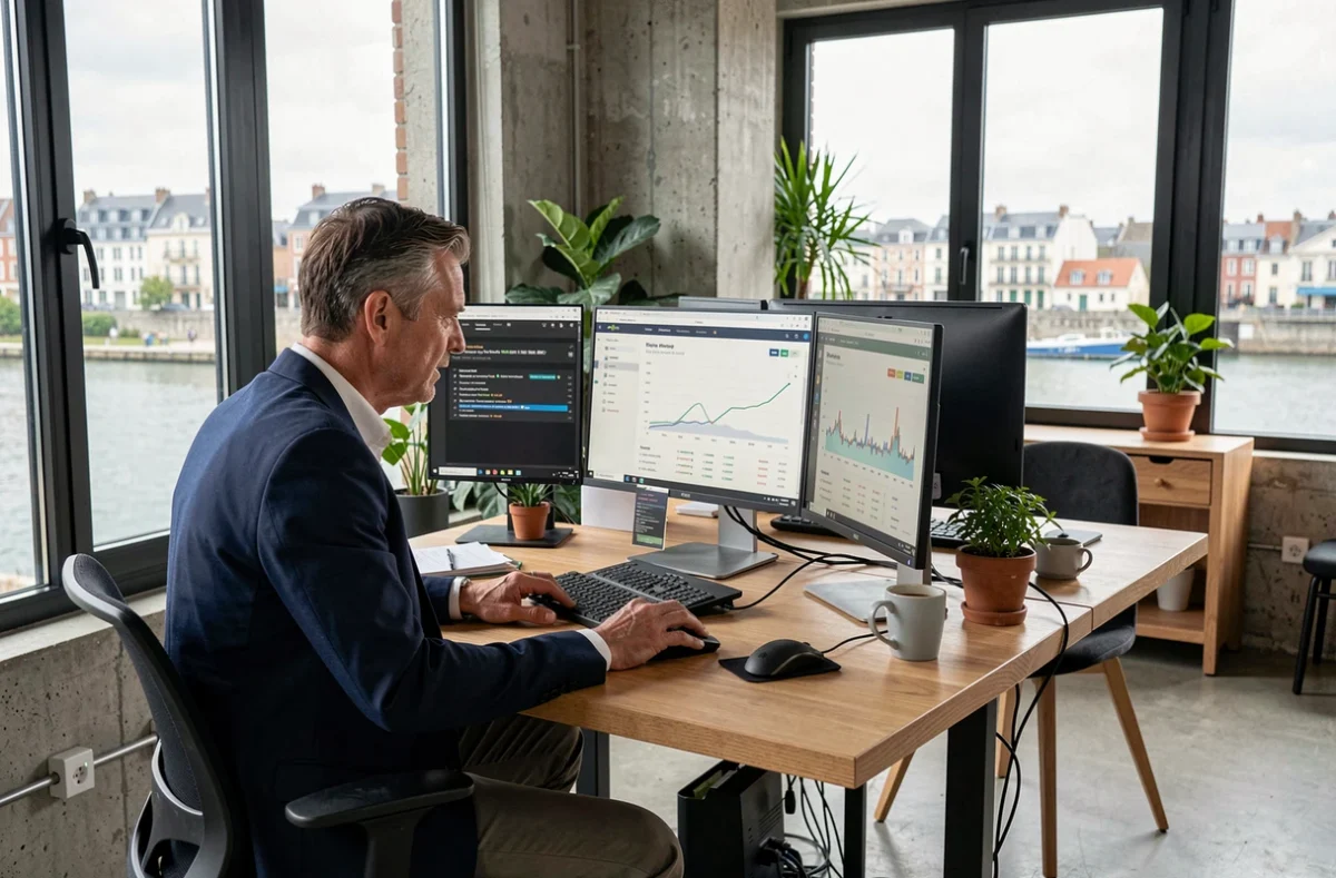 Consultant SEO en Loire-Atlantique travaillant sur des tableaux de bord d'analyse dans un bureau moderne avec vue sur Nantes