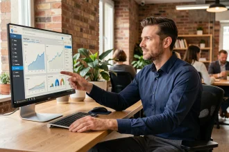 Consultant SEO à Rennes analysant des données de référencement naturel sur un écran dans un bureau moderne