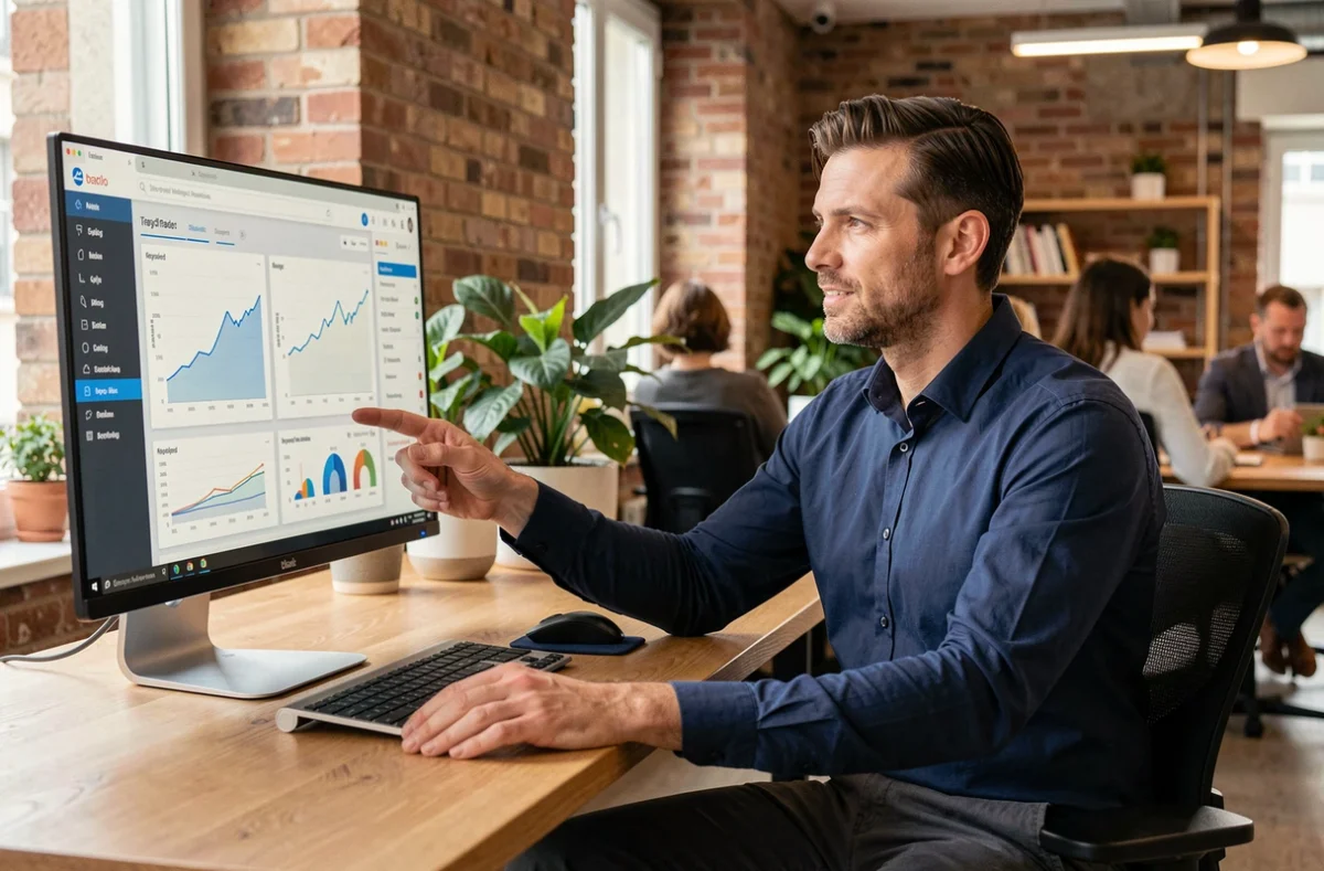 Consultant SEO à Rennes analysant des données de référencement naturel sur un écran dans un bureau moderne