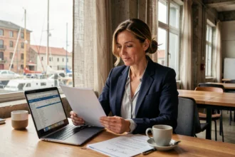 Consultante en portage salarial travaillant dans un espace de coworking à La Rochelle avec vue sur le vieux port