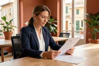 Consultante indépendante en portage salarial examinant un contrat dans un espace de coworking à Salon-de-Provence
