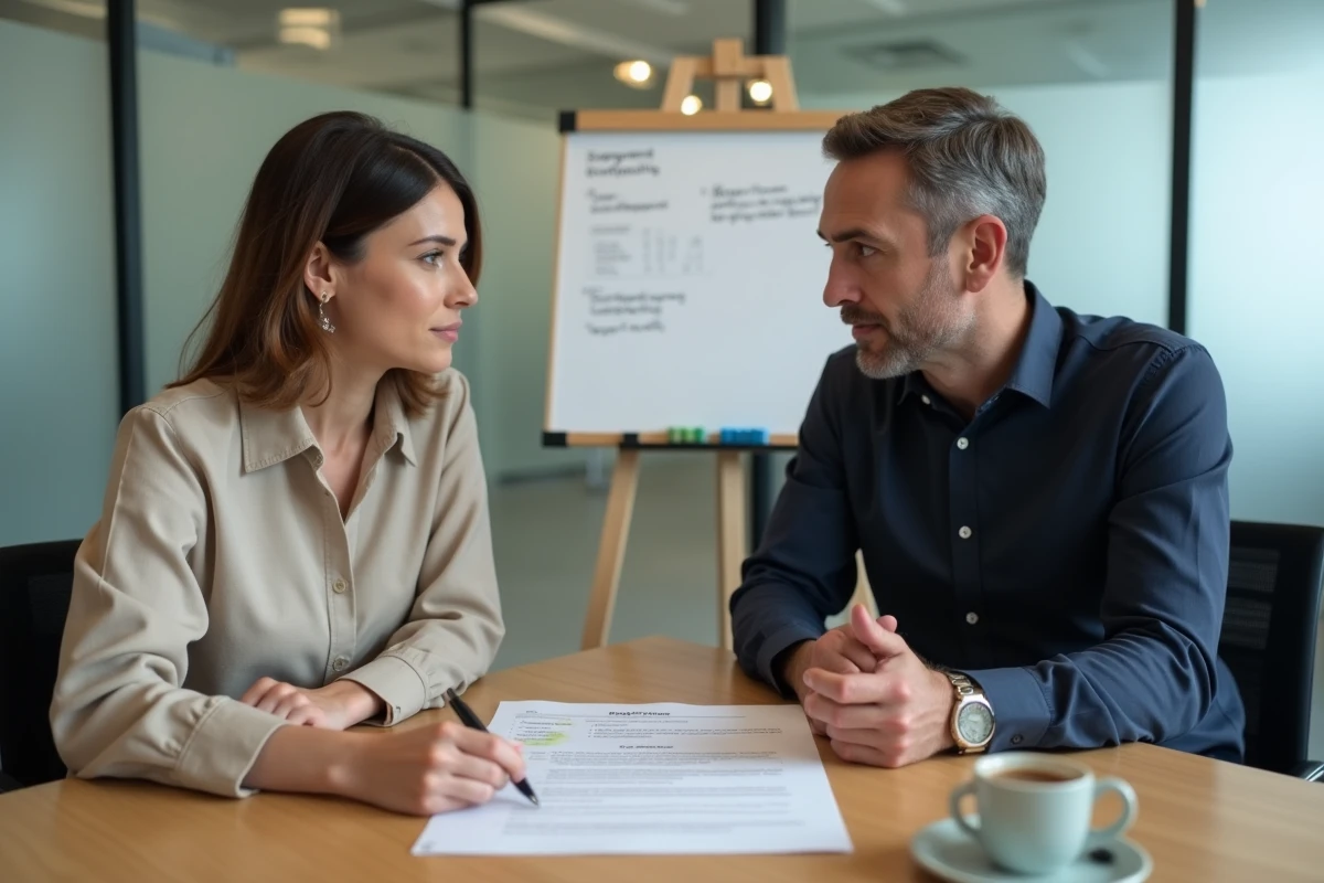 Deux collaborateurs examinant ensemble un contrat de travail incluant des clauses relatives au forfait jours et au décompte des heures mensuelles