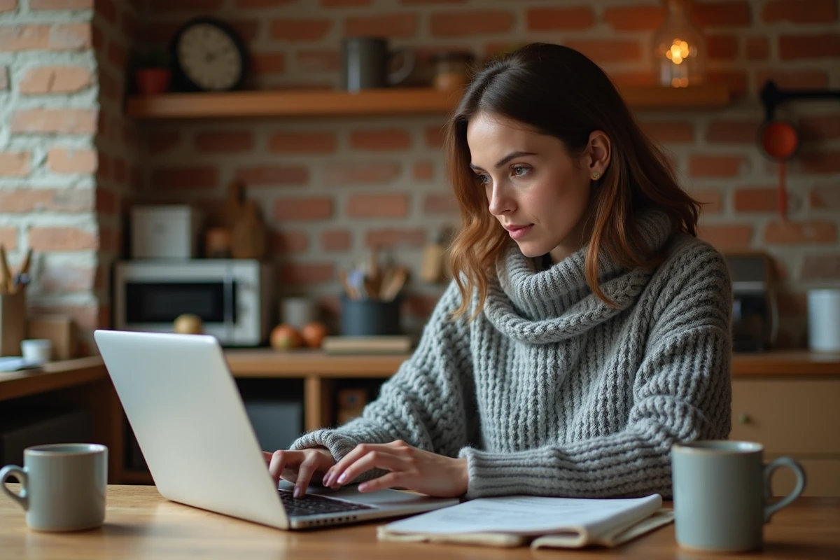 Femme consultant une estimation de travaux en ligne sur son ordinateur portable dans sa cuisine