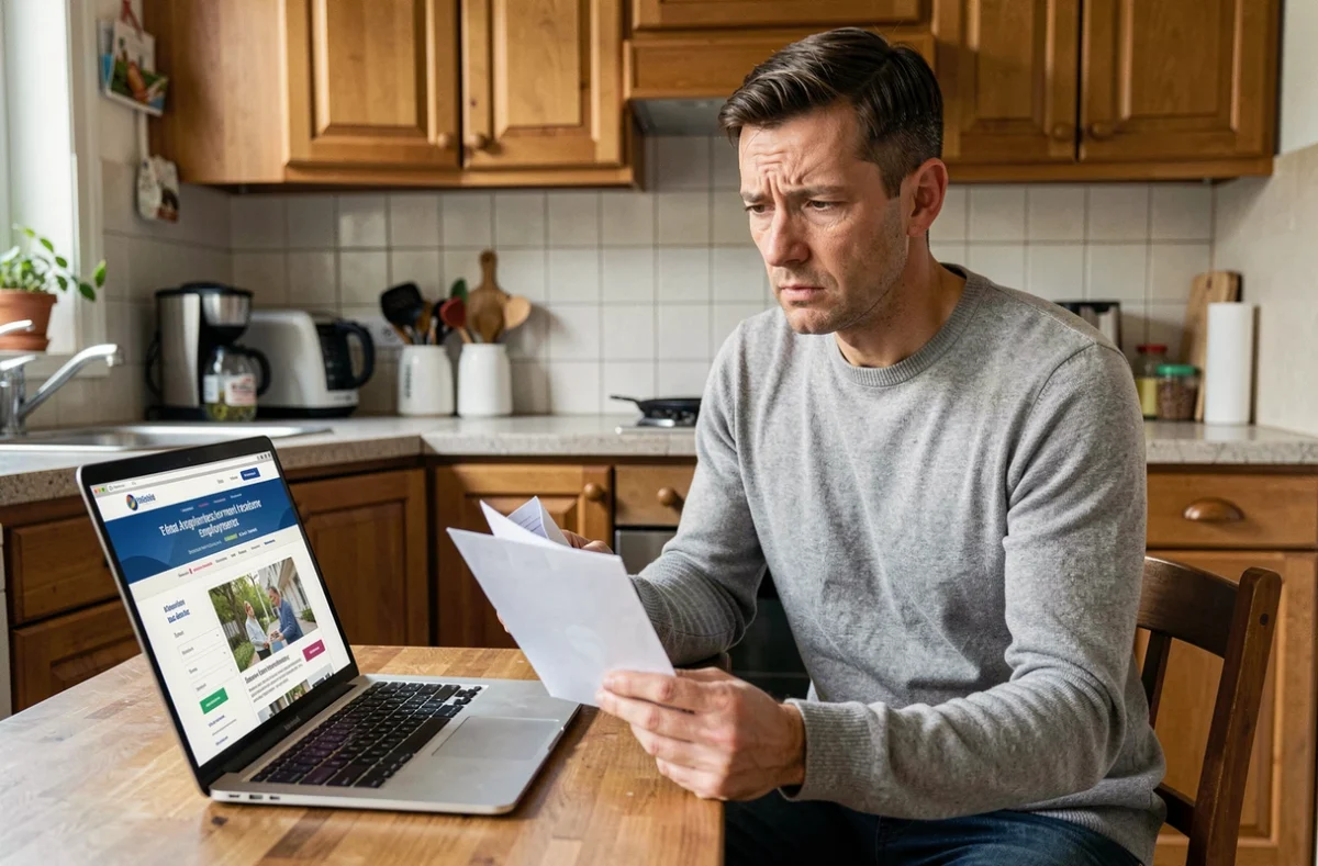 Homme consultant le site Pôle emploi sur un ordinateur portable à domicile avec des documents médicaux et administratifs
