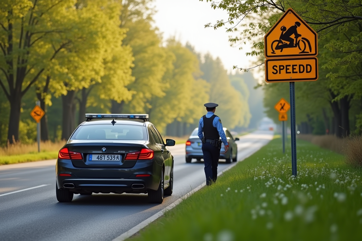 Contrôle routier avec agent et voiture en nature