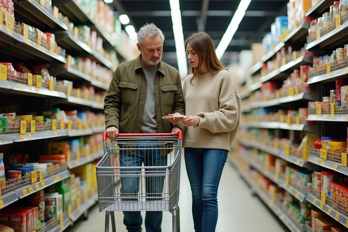 Un couple comparant les prix dans un supermarché discount face à la hausse du coût de la vie