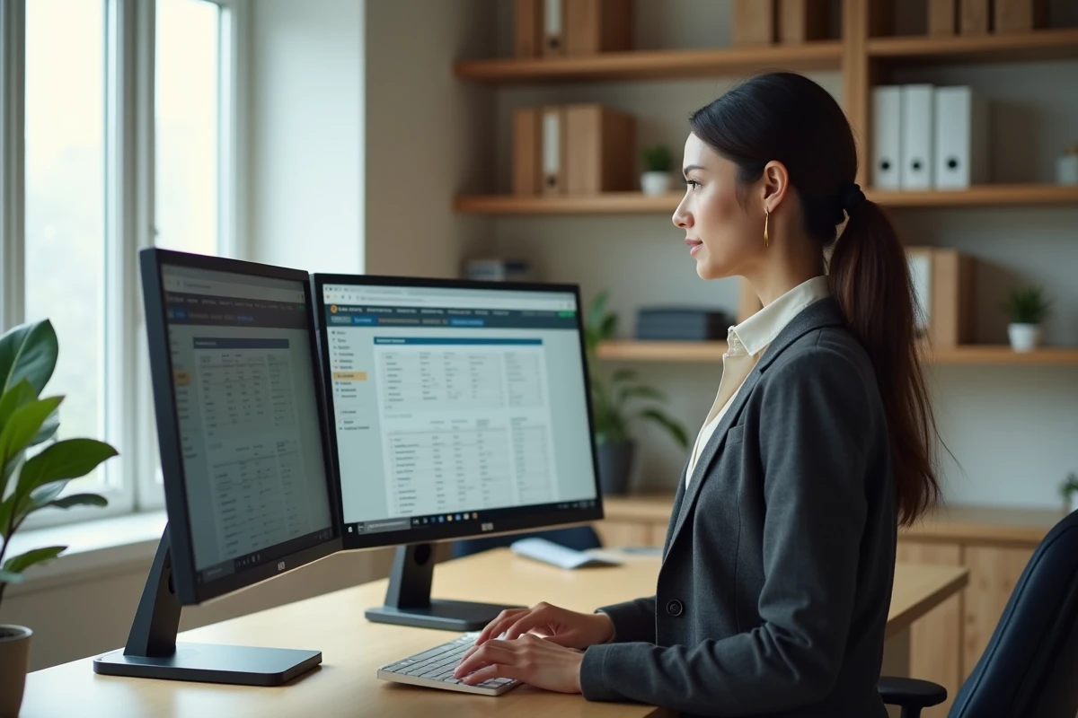 Courtière comparant l'extranet AXA Courtage et Spoolnet sur deux écrans dans un bureau privé organisé