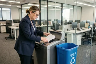 Employée de bureau introduisant des documents confidentiels dans un destructeur de papier à côté d'un bac de recyclage en entreprise